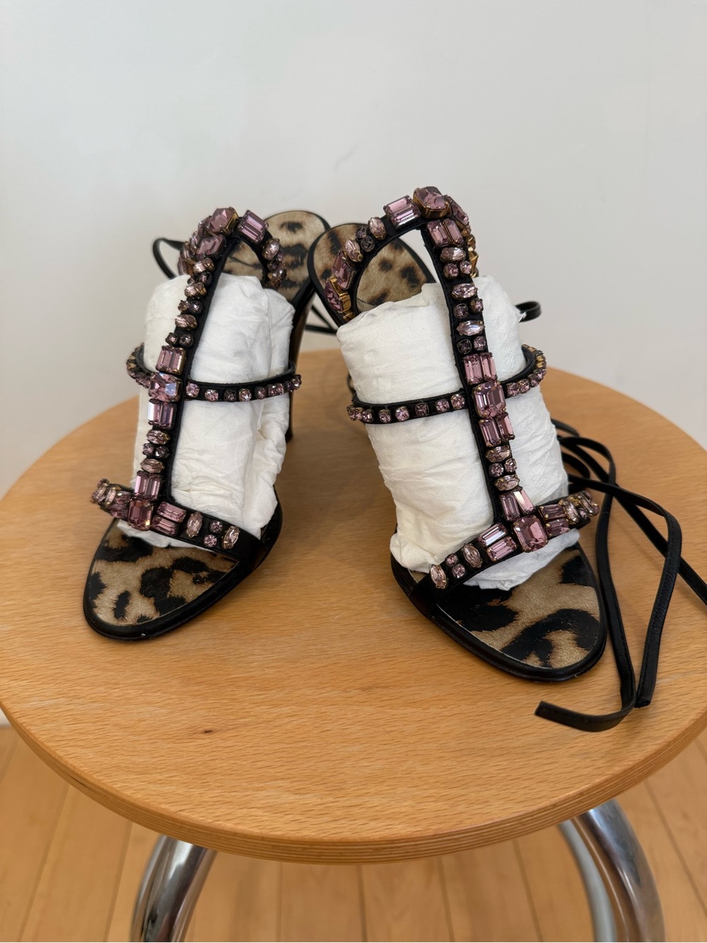 Roberto Cavalli  Black T-Strap Heels with Purple Crystal Accents